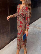 Red patterned summer maxi dress with twist-front tie at waist, long sleeves