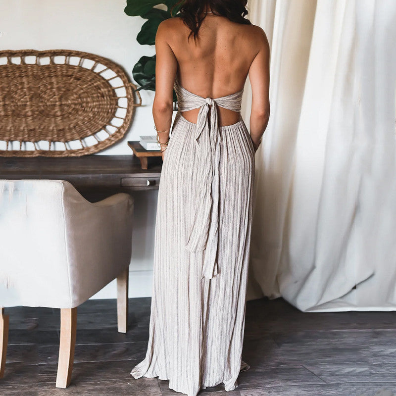 Silver striped backless maxi dress with crisscross tie at upper back