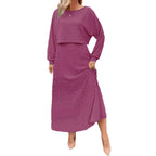 Wine purple knit co-ord set with cropped long-sleeve top and high-rise midi skirt