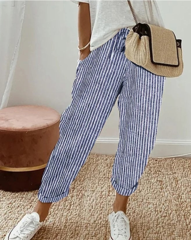 Yara™ striped summer trousers, blue and white vertical stripes, cropped ankle length