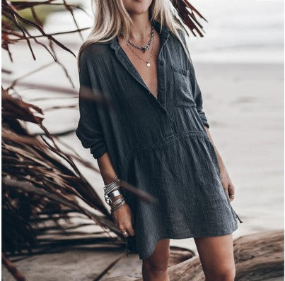 Relaxed loose dress, dark button-front with V neckline and tiered short sleeves
