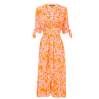 Orange leaf-print midi dress, V-neck button front, quarter sleeves with tie cuffs
