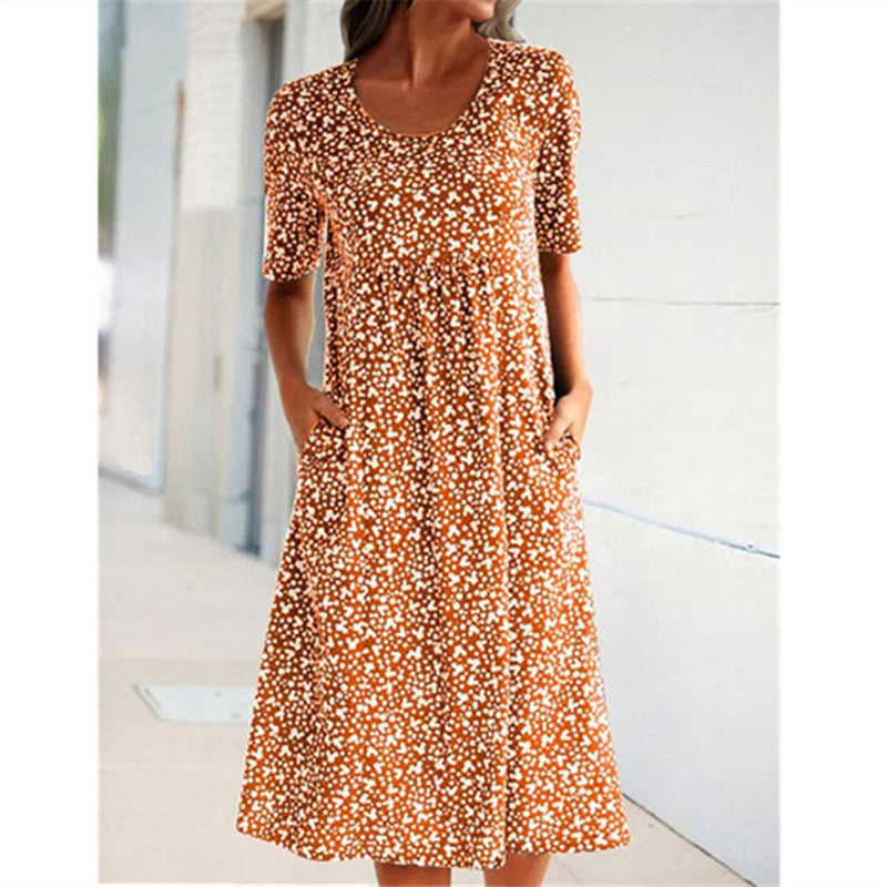 Orange floral midi dress with short sleeves and scoop neckline