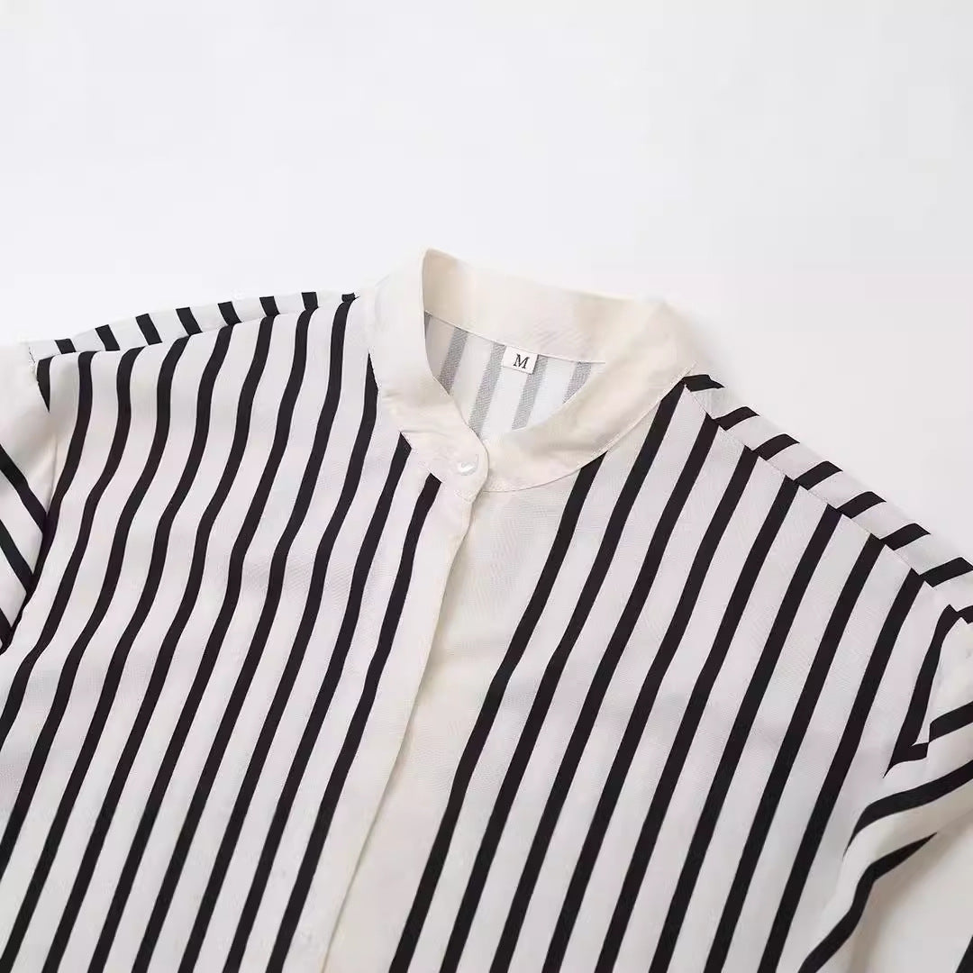 Clara™ elegant blouse, black-and-white striped collar and button placket detail