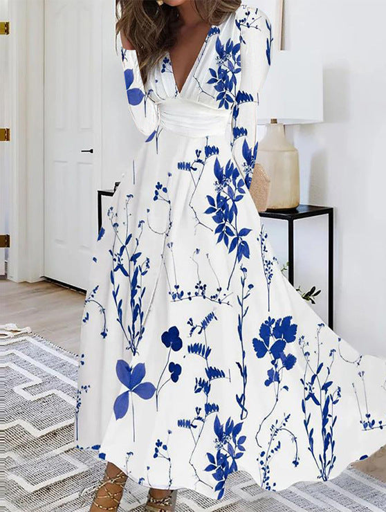 JULISSA white blue floral V-neck maxi dress with long sleeves and gathered waist