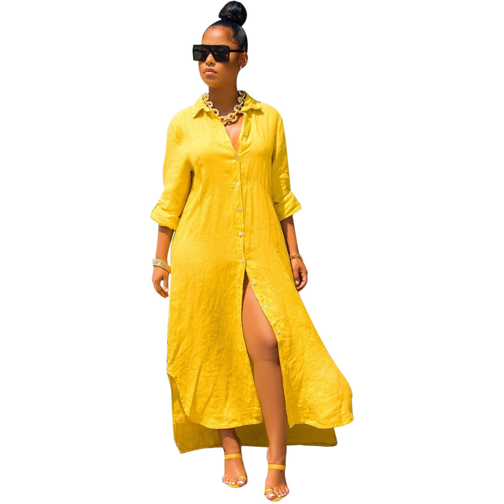 Yellow button-front maxi summer dress with three-quarter sleeves and deep front slit