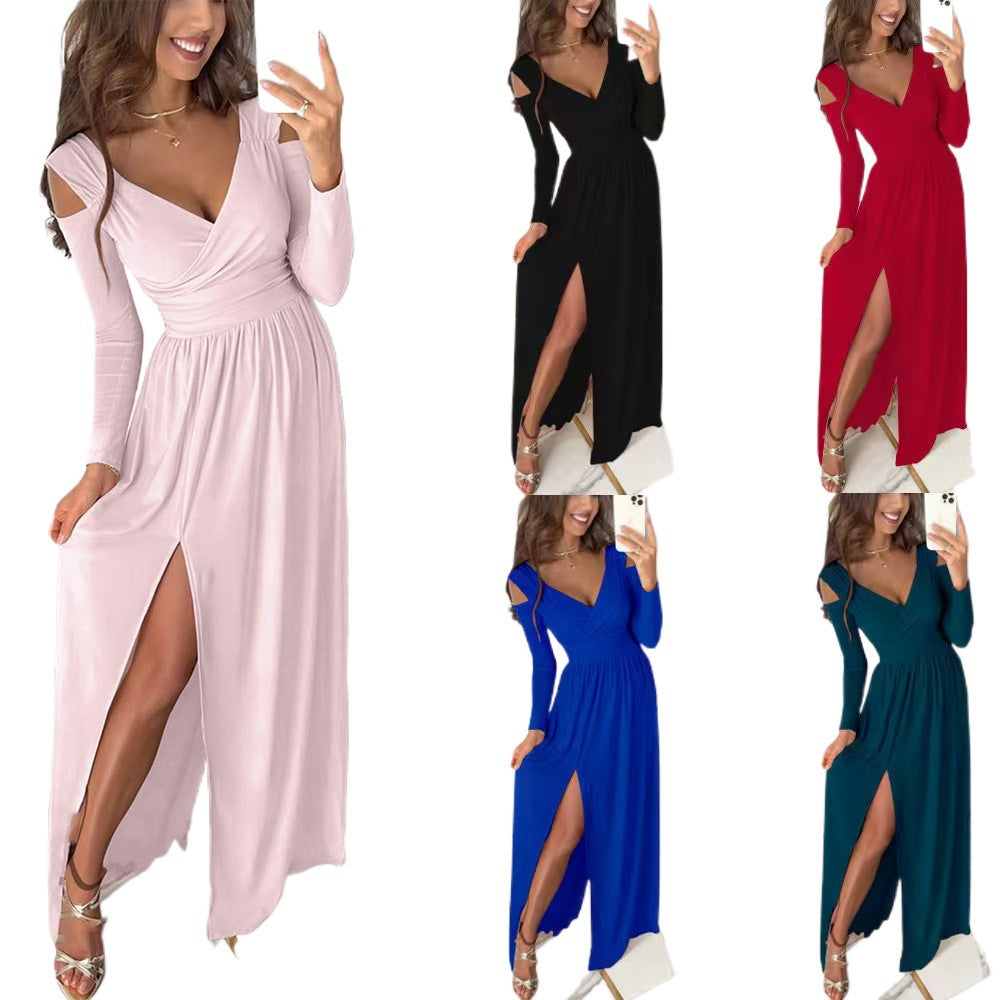 V-neck ruched maxi dress with thigh slit; shown in pink, black, red, blue, teal