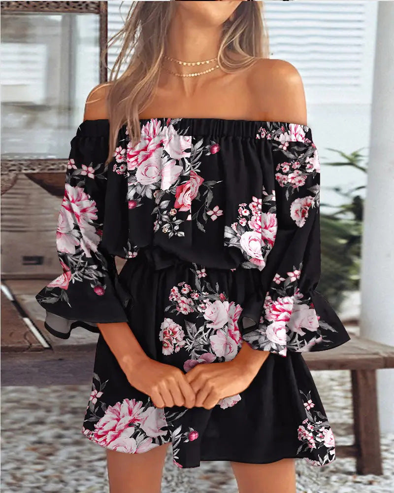 IRCA off-shoulder summer dress in black with pink floral print and ruffled off-shoulder neckline