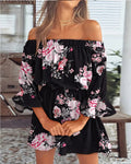 IRCA off-shoulder summer dress in black with pink floral print and ruffled off-shoulder neckline