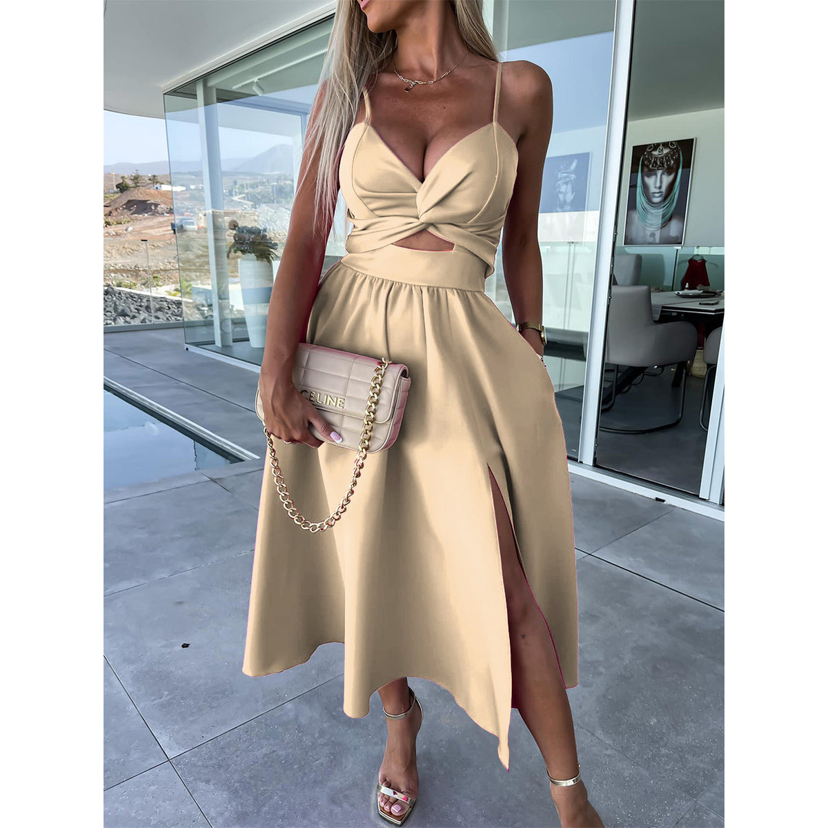 Beige sleeveless midi dress with V-neck twist detail and side slit