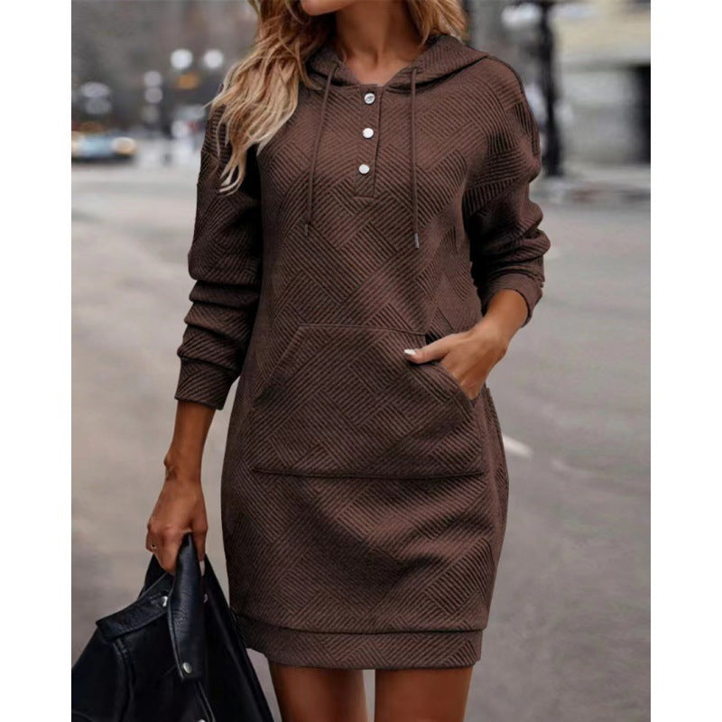 Brown hoodie dress with diamond pattern, front buttons, and kangaroo pocket