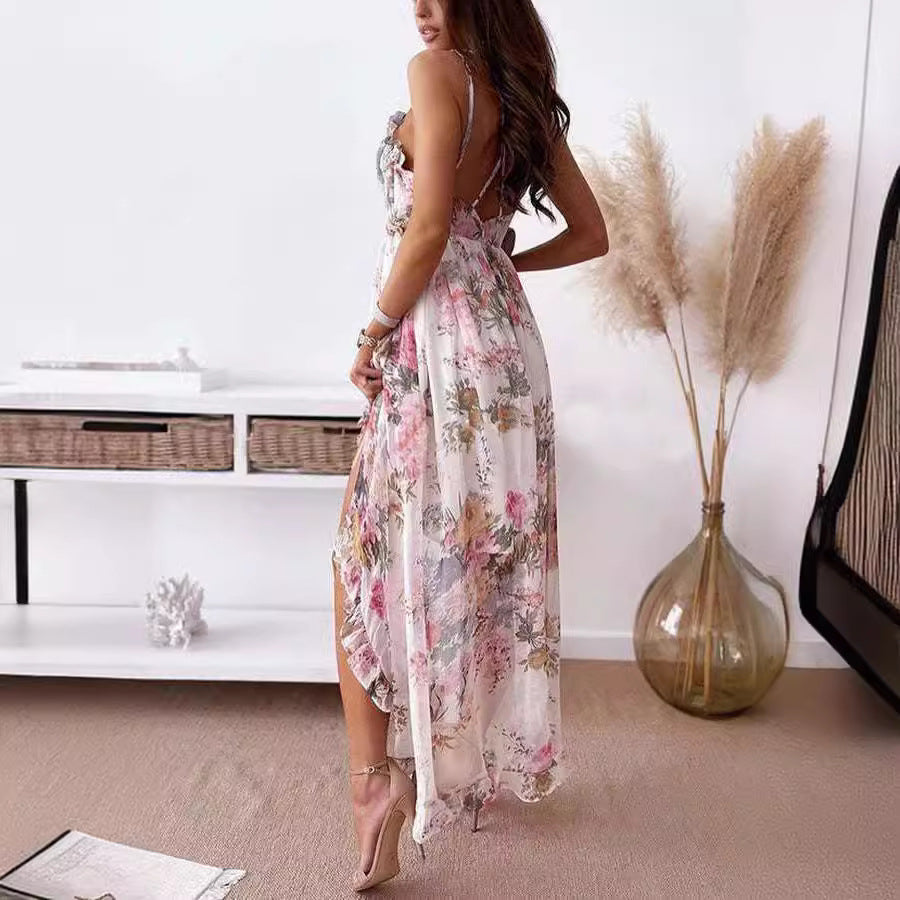 Klara floral maxi sundress with adjustable spaghetti straps, pink-white bouquet print