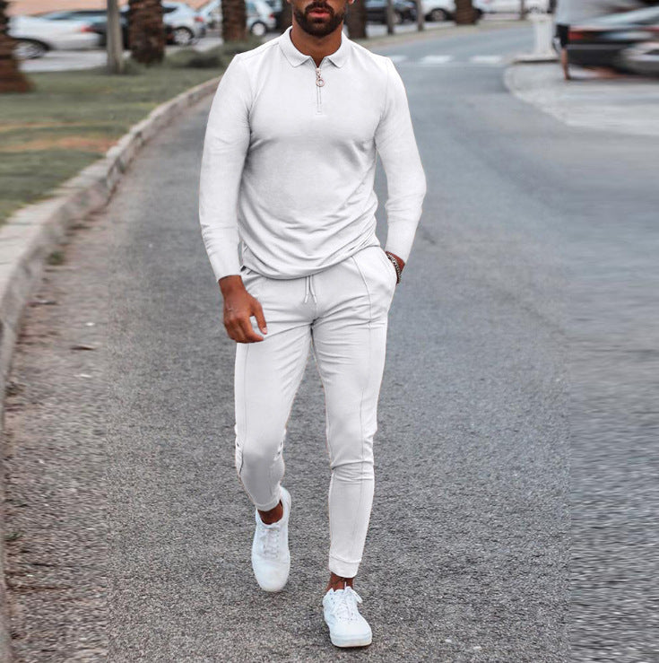 Men's quarter-zip lounge set with jogger pants, white long-sleeve top
