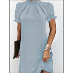 Light blue gathered-neck dress with short sleeves and smooth drape, above-knee length