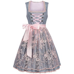 Oktoberfest dress with pink satin bow at waist, corset lacing, and blue-gray floral skirt
