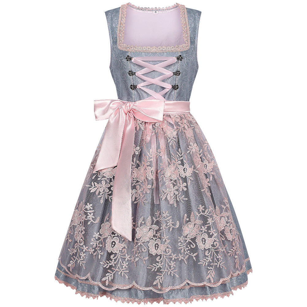 Oktoberfest dress with pink satin bow at waist, corset lacing, and blue-gray floral skirt