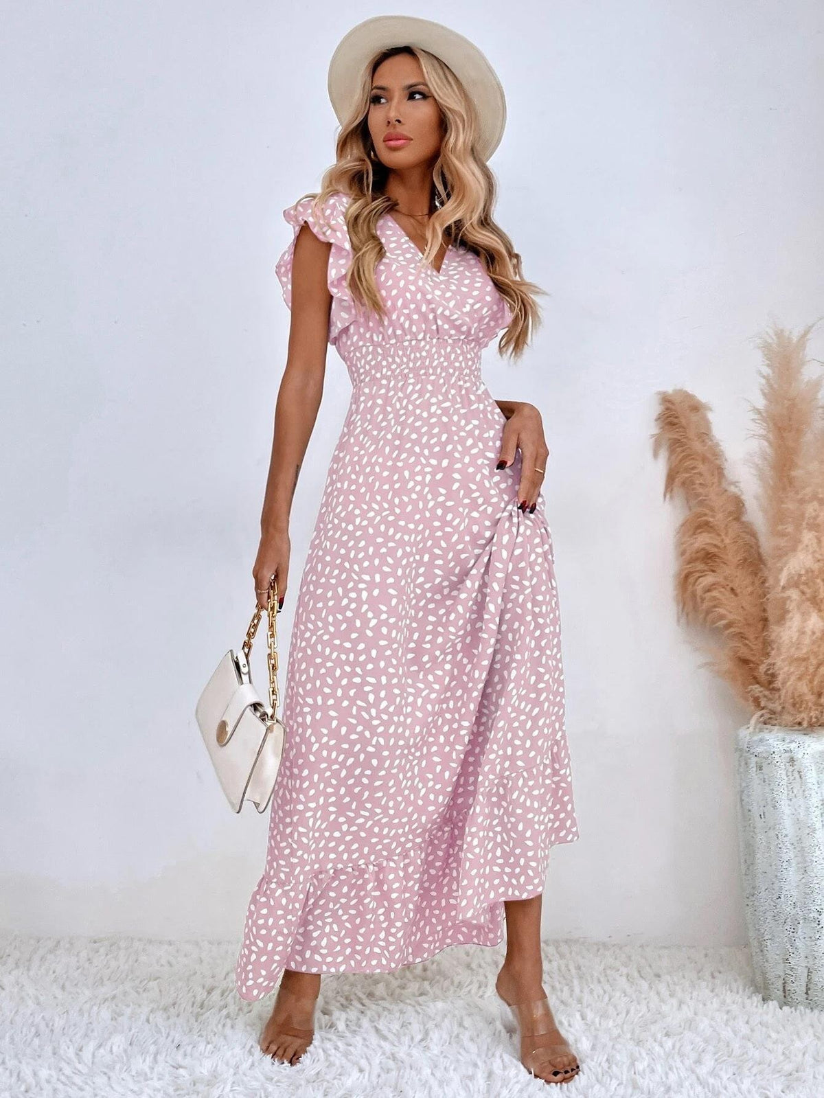 Relaxed pink patterned maxi dress with short flutter sleeves