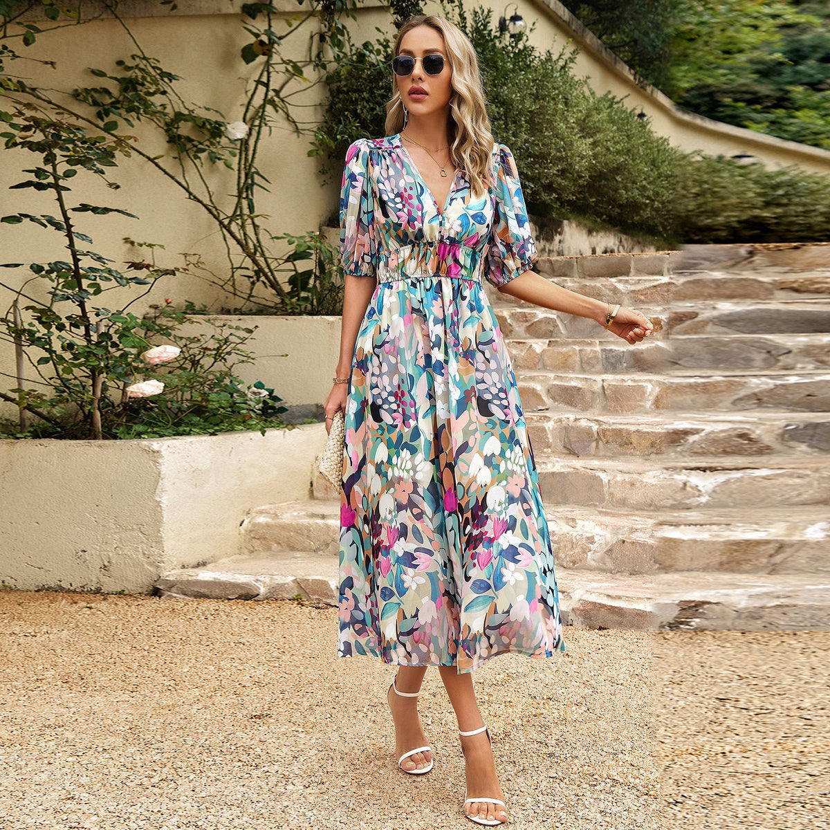 Multicolor floral V-neck midi dress with puff sleeves and gathered tie waist