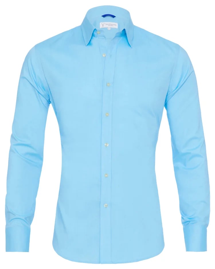 Light blue stretch zip shirt with point collar, button-front, long sleeves
