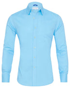 Light blue stretch zip shirt with point collar, button-front, long sleeves
