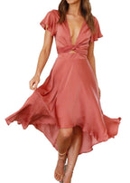 Coral V-neck summer dress with flutter sleeves, ruched waist tie, layered asymmetric skirt