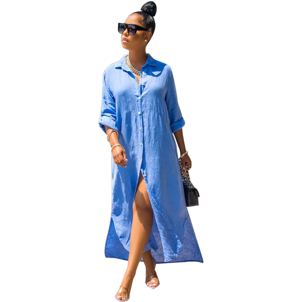 Blue button-front maxi summer dress with three-quarter sleeves and side slit