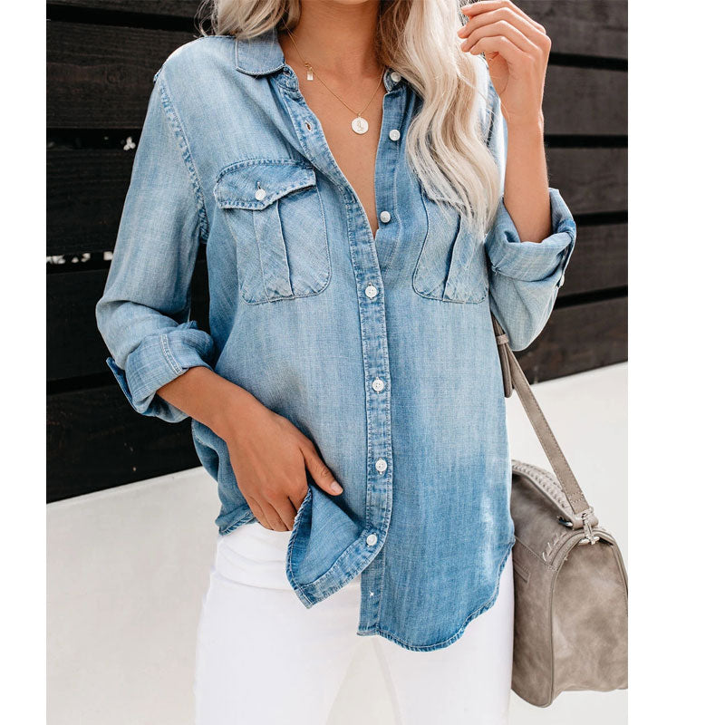Denim shirt dress, light blue, button-front with flap chest pockets