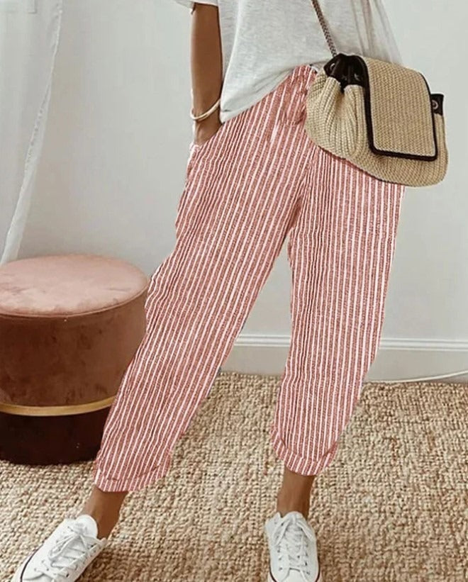 Yara™ striped summer trousers, red and white vertical stripes, cropped ankle length