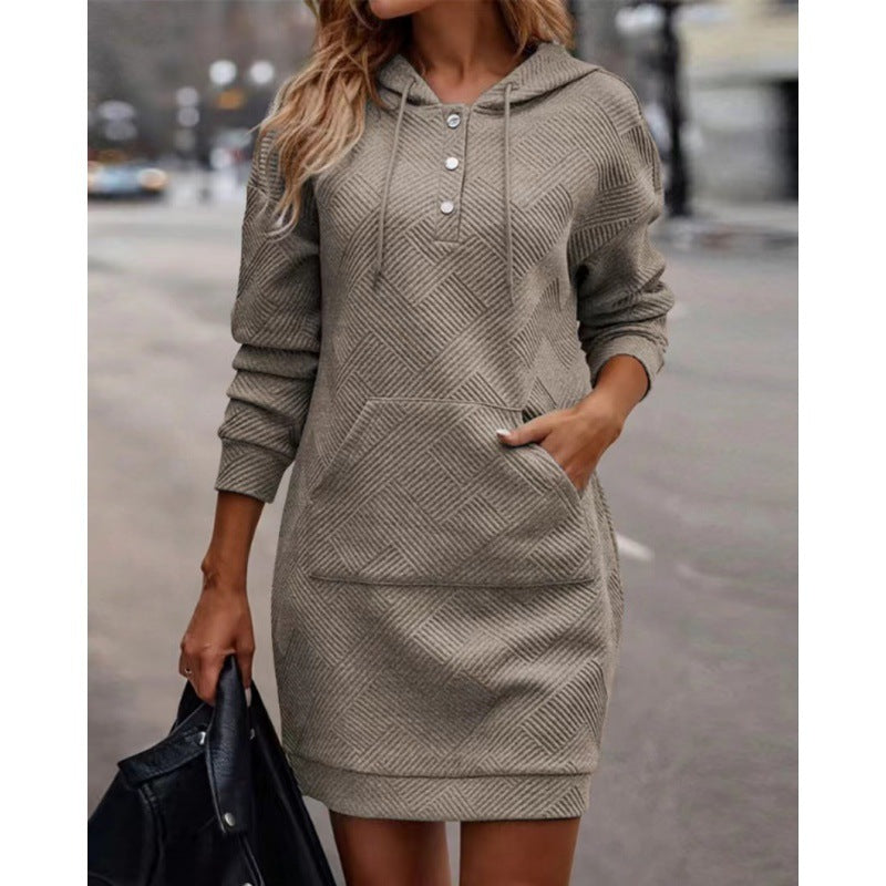 Hoodie dress in taupe/gray with diamond pattern, button front, and kangaroo pocket