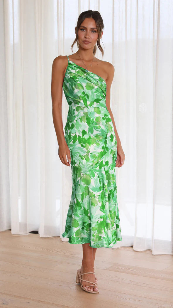 Floral one-shoulder midi dress, sleeveless, green and light aqua with tiered hem