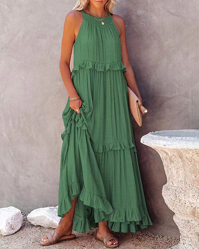Dark green tiered maxi dress with ruffled tiers and sleeveless high neckline