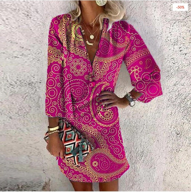 Magenta paisley mini dress, long sleeves, V-neck button-front