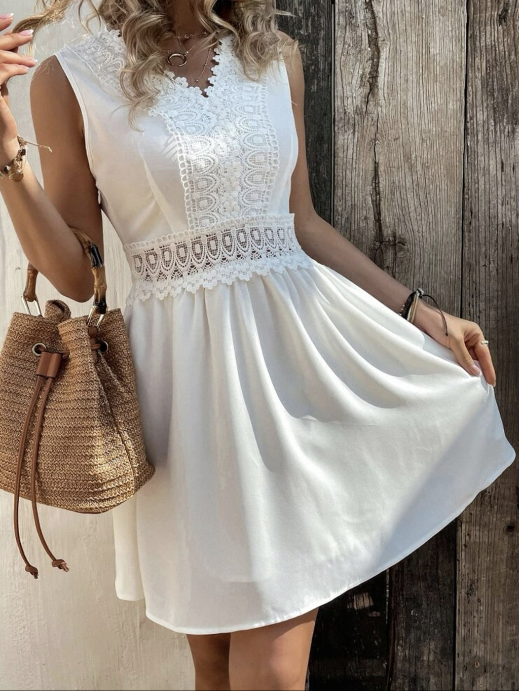 OTA elegant mini dress in white with scalloped lace V-neck and gathered skirt