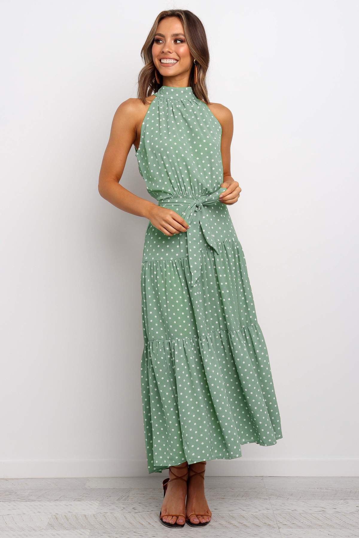 Green halter long dress with white dot print and ruched waist tie