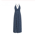 Navy halter maxi dress with tiny dot pattern