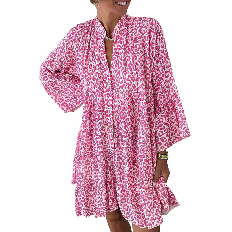 KALI pink leopard-print maxi dress, V-neck button front, gathered tiered skirt