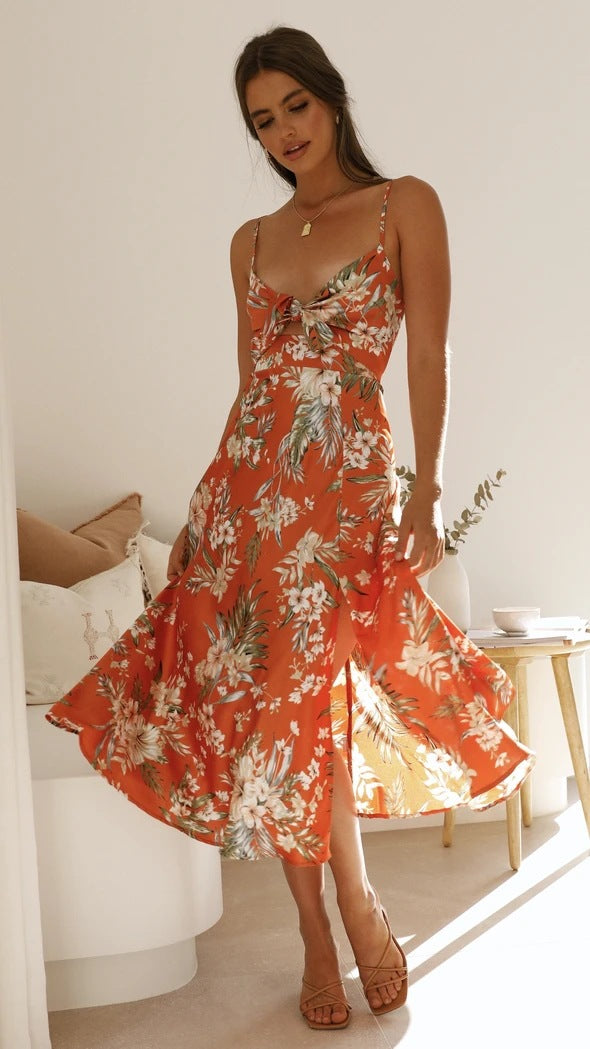 Orange floral georgette midi dress with spaghetti straps, tie-front V-neck, flared skirt