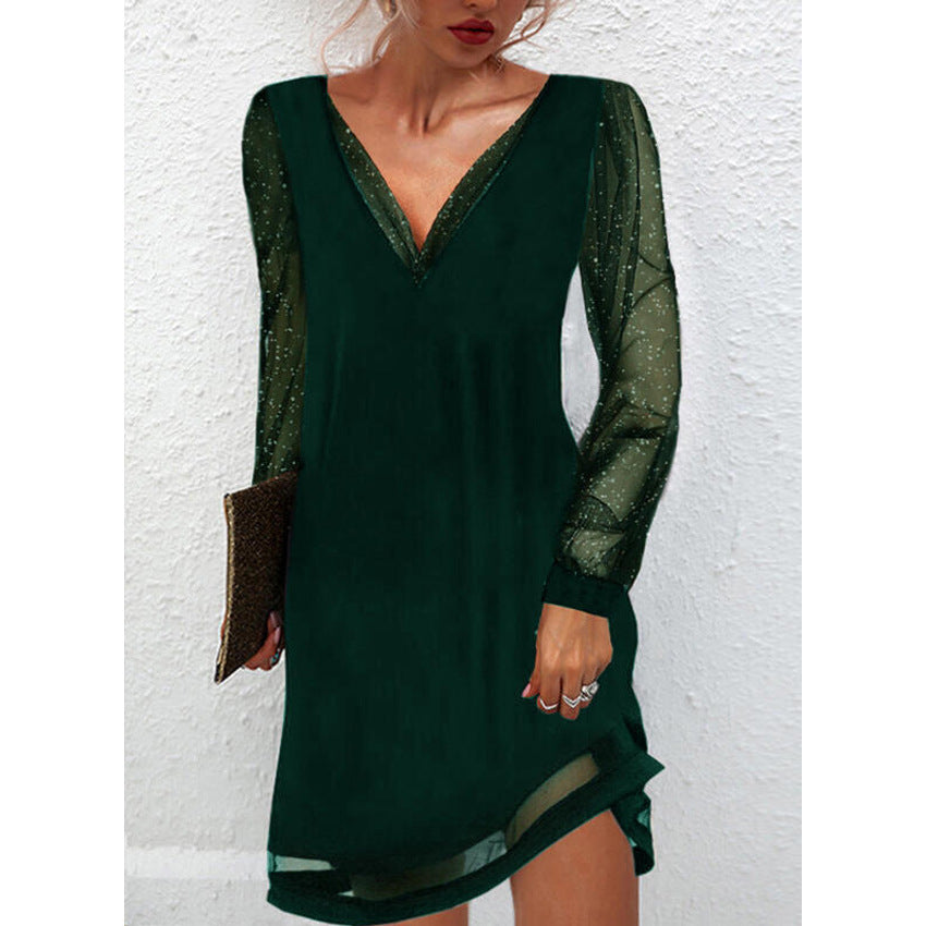Long-sleeve V-neck mini dress, green with sheer sequin sleeves and side slit