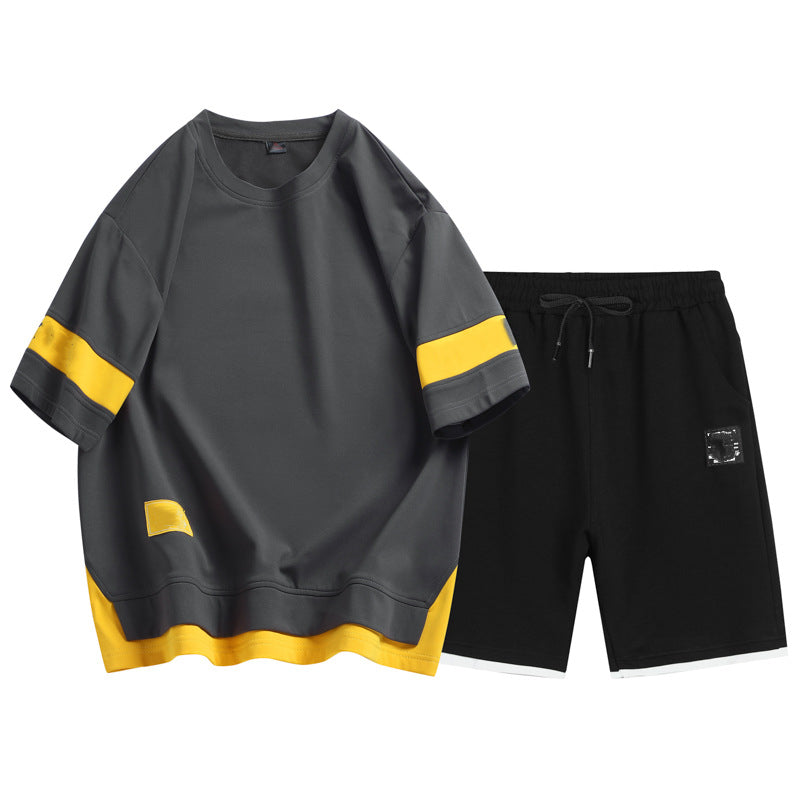 Men’s lounge set: dark gray sweatshirt with yellow stripe accents and black drawstring shorts