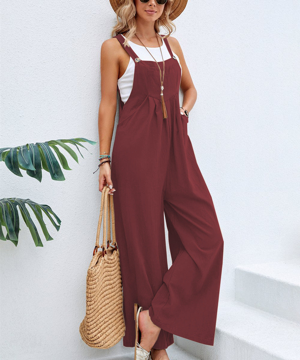 TUVA women's wine-red sleeveless jumpsuit with wide-leg pants and adjustable straps