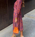 Wine red patterned summer dress, V-neck wrap style with knotted waist tie, long sleeves