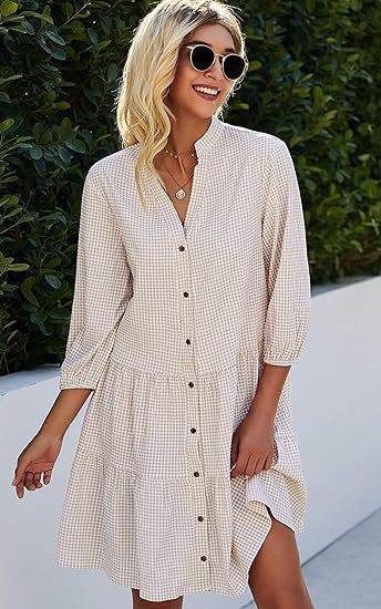 HILMA comfy summer dress in light check, button front, three-quarter sleeves