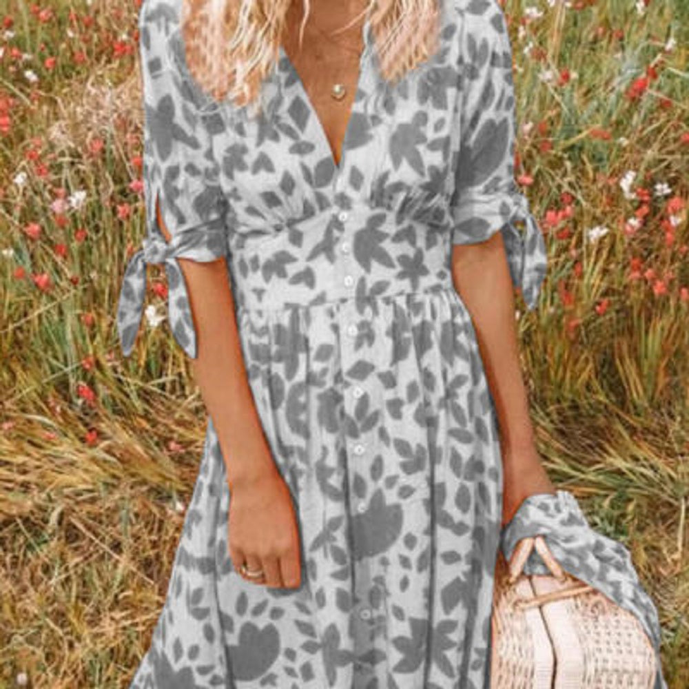 Gray abstract-print midi dress with V-neck button front, quarter sleeves, gathered waist