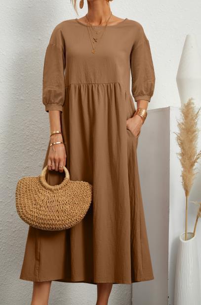 WEGAHTA long dress in tan brown with gathered waist and 3/4 puff sleeves