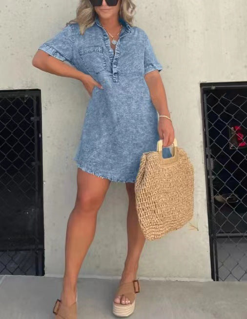 Sky-blue denim-style casual dress with button placket, short sleeves, and frayed hem