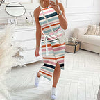 JUNI stylish midi dress, sleeveless striped with tie waist and front slit