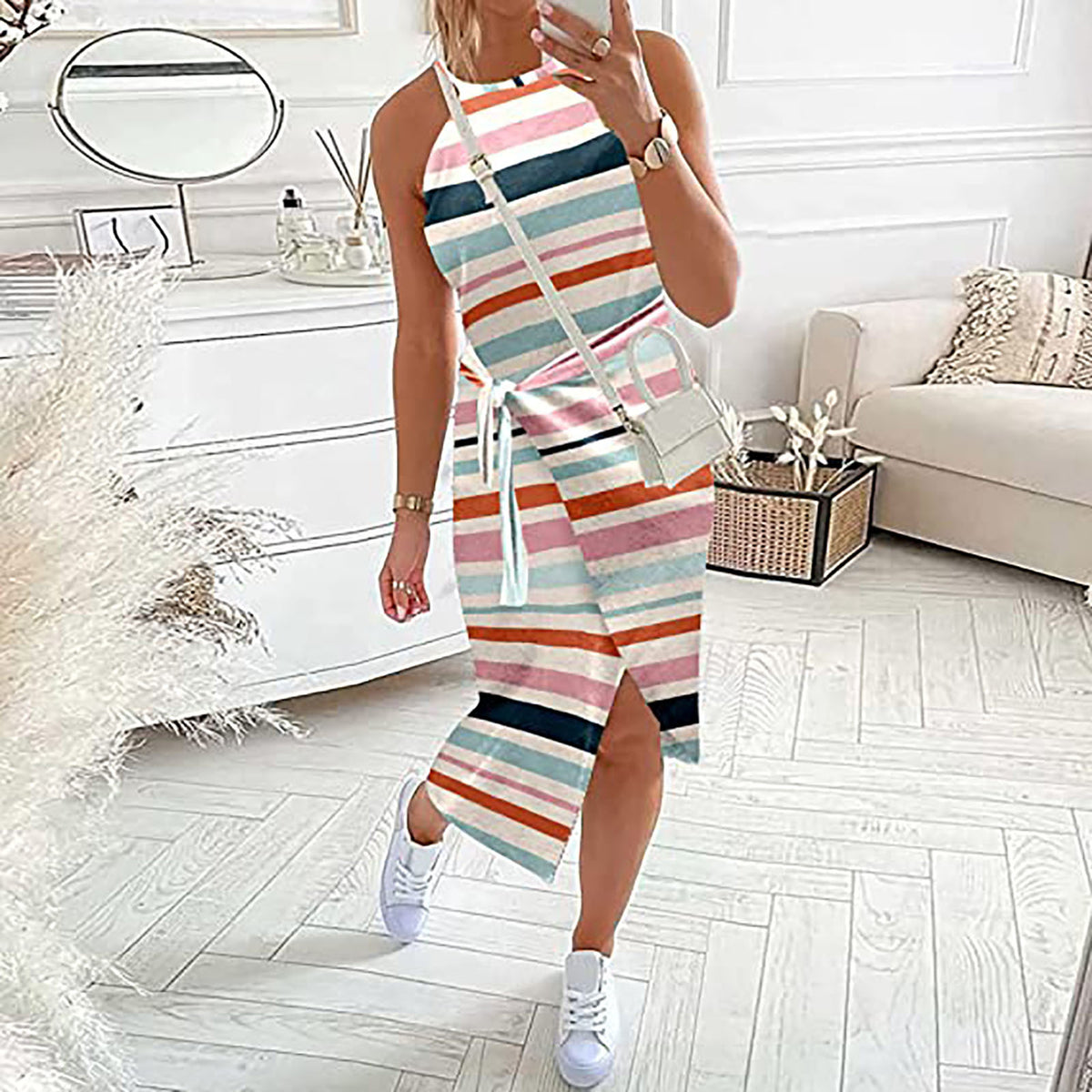 JUNI stylish midi dress, sleeveless striped with tie waist and front slit