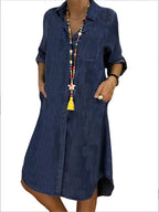 Navy denim shirt dress with front button placket, patch pocket, tassel necklace