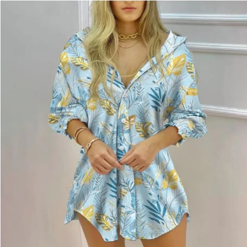 MALEA blue botanical shirt dress with button front and puff sleeves