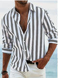 Men’s linen blouse with vertical gray-and-white stripes, button-front and open collar